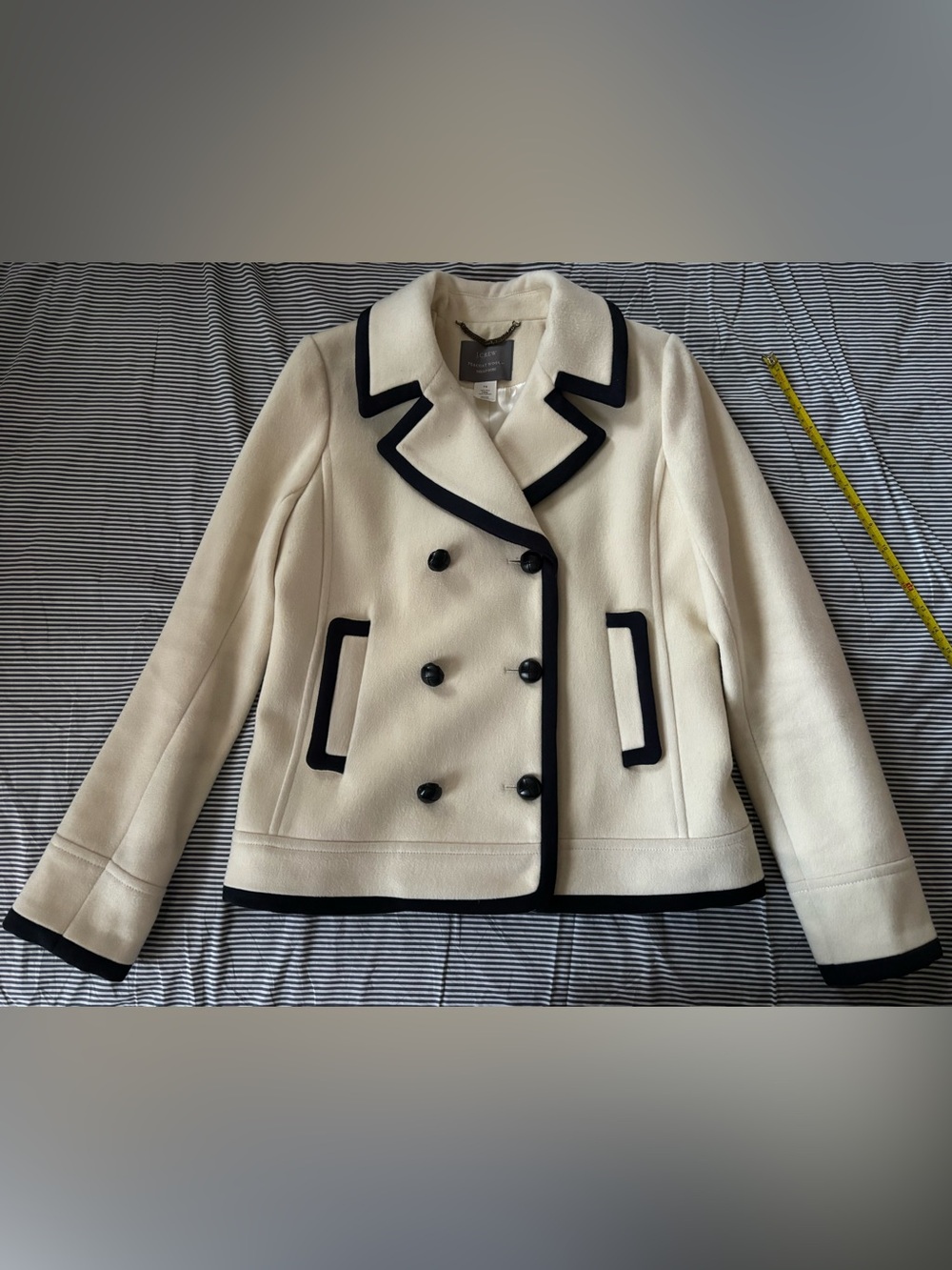 J. Crew 2012 Wool Cream Double-Breasted Peacoat with Black Trim - Picture 1 of 9